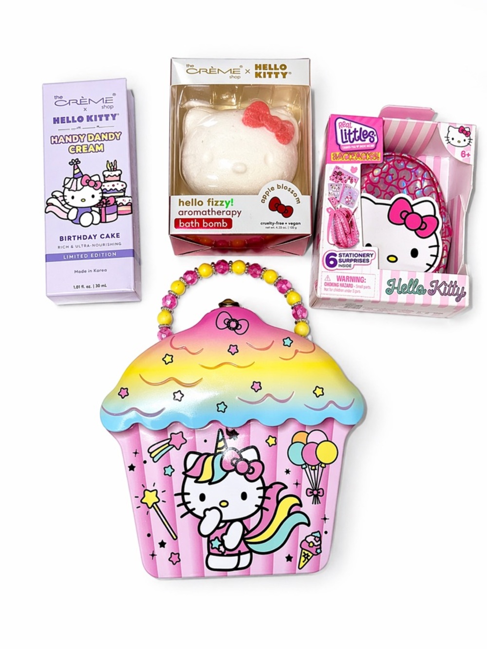 Hello Kitty Gift Bundle Bath Bomb Cream Backpack Surprise Cupcake Tin